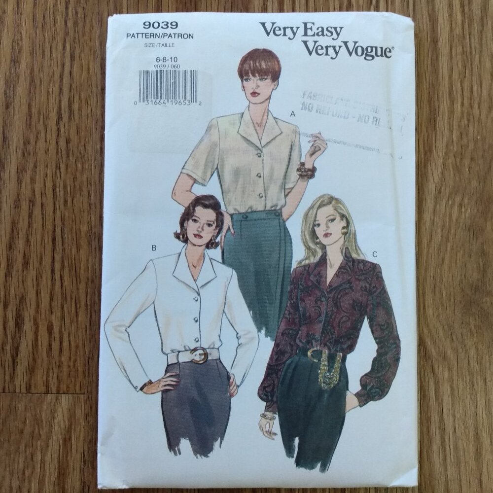 Vintage 90s Vogue Blouse Shirt Sewing Pattern Size 6-10 UNCUT 9039